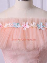 Peach Lace Up Off The Shoulder Lace and Appliques 15th Birthday Dress Tulle Short Sleeves