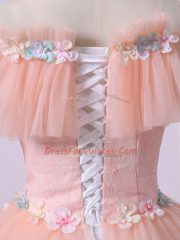 Peach Lace Up Off The Shoulder Lace and Appliques 15th Birthday Dress Tulle Short Sleeves