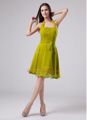 Enchanting Olive Green Halter Top Zipper Ruching Prom Evening Gown Sleeveless