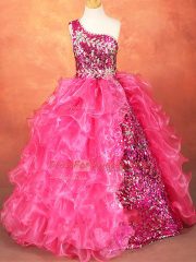 Superior Floor Length Lace Up Kids Pageant Dress Hot Pink for Wedding Party with Beading and Ruffles and Sequins
