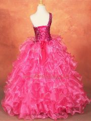 Superior Floor Length Lace Up Kids Pageant Dress Hot Pink for Wedding Party with Beading and Ruffles and Sequins