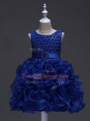 Sleeveless Lace Up Knee Length Ruffles and Belt Kids Pageant Dress