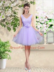 Lace and Belt Quinceanera Court Dresses Lilac Lace Up Sleeveless Knee Length