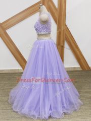 Tulle Sleeveless Floor Length Prom Dresses and Beading