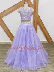 Tulle Sleeveless Floor Length Prom Dresses and Beading