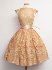 Gold Ball Gowns Belt Court Dresses for Sweet 16 Lace Up Lace Cap Sleeves Knee Length