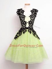 Custom Design Yellow Green A-line Tulle Straps Sleeveless Lace Knee Length Lace Up Vestidos de Damas