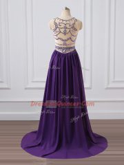 Chiffon Scoop Sleeveless Brush Train Zipper Beading in Purple