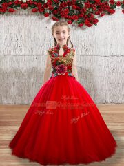Sleeveless Floor Length Appliques Lace Up Girls Pageant Dresses with Red