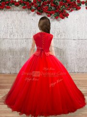 Sleeveless Floor Length Appliques Lace Up Girls Pageant Dresses with Red