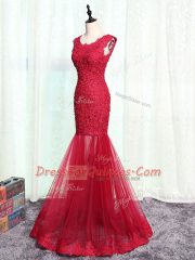 Pretty Mermaid Homecoming Dress Red Scoop Tulle Sleeveless Floor Length Zipper