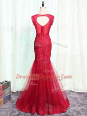 Pretty Mermaid Homecoming Dress Red Scoop Tulle Sleeveless Floor Length Zipper