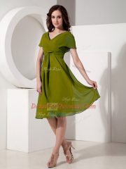 Trendy Olive Green Chiffon Zipper Prom Dresses Short Sleeves Knee Length Ruching