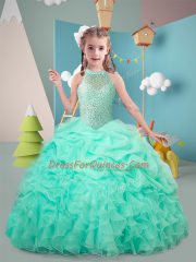 Hot Pink and Apple Green Organza Lace Up Little Girl Pageant Gowns Sleeveless Floor Length Ruffles