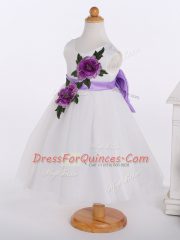 Tulle Scoop Sleeveless Zipper Bowknot and Hand Made Flower Kids Formal Wear in White
