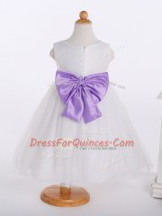 Tulle Scoop Sleeveless Zipper Bowknot and Hand Made Flower Kids Formal Wear in White