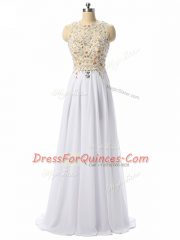 Pretty White Zipper Scoop Beading and Lace and Appliques Chiffon Sleeveless