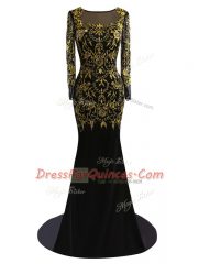 Fashionable Black Long Sleeves Brush Train Beading Prom Party Dress