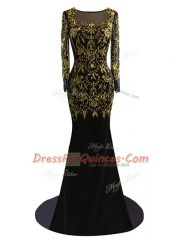 Fashionable Black Long Sleeves Brush Train Beading Prom Party Dress