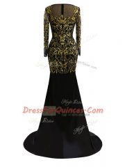 Fashionable Black Long Sleeves Brush Train Beading Prom Party Dress