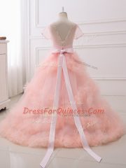 Charming Scoop Short Sleeves Tulle Little Girl Pageant Gowns Beading Clasp Handle