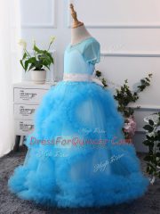 Charming Scoop Short Sleeves Tulle Little Girl Pageant Gowns Beading Clasp Handle