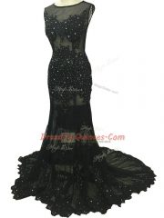 Black Mermaid Scoop Sleeveless Tulle Brush Train Side Zipper Beading and Lace and Appliques Evening Dress