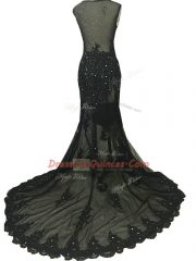 Black Mermaid Scoop Sleeveless Tulle Brush Train Side Zipper Beading and Lace and Appliques Evening Dress