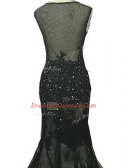 Black Mermaid Scoop Sleeveless Tulle Brush Train Side Zipper Beading and Lace and Appliques Evening Dress