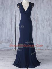 Affordable Cap Sleeves Chiffon Floor Length Side Zipper Dama Dress in Navy Blue with Lace
