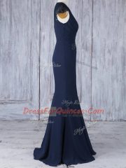Affordable Cap Sleeves Chiffon Floor Length Side Zipper Dama Dress in Navy Blue with Lace