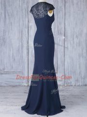 Affordable Cap Sleeves Chiffon Floor Length Side Zipper Dama Dress in Navy Blue with Lace