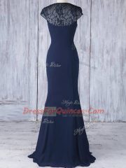 Affordable Cap Sleeves Chiffon Floor Length Side Zipper Dama Dress in Navy Blue with Lace