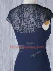 Affordable Cap Sleeves Chiffon Floor Length Side Zipper Dama Dress in Navy Blue with Lace