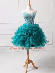 Glittering Teal Sleeveless Beading and Ruffles Mini Length