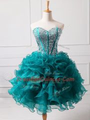 Glittering Teal Sleeveless Beading and Ruffles Mini Length