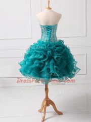 Glittering Teal Sleeveless Beading and Ruffles Mini Length