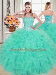 Turquoise Lace Up Quinceanera Gowns Beading and Ruffles Sleeveless Floor Length
