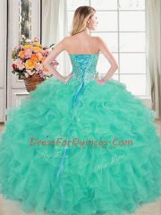 Turquoise Lace Up Quinceanera Gowns Beading and Ruffles Sleeveless Floor Length