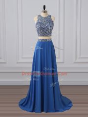 Hot Selling Blue Sleeveless Beading and Sequins Floor Length Homecoming Dress