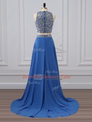 Hot Selling Blue Sleeveless Beading and Sequins Floor Length Homecoming Dress