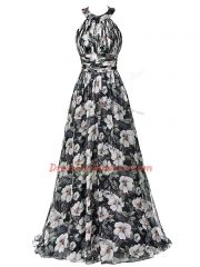 Designer Multi-color Printed Zipper Halter Top Sleeveless Floor Length Dress for Prom Ruching
