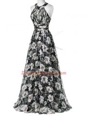 Designer Multi-color Printed Zipper Halter Top Sleeveless Floor Length Dress for Prom Ruching