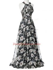 Designer Multi-color Printed Zipper Halter Top Sleeveless Floor Length Dress for Prom Ruching