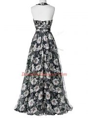 Designer Multi-color Printed Zipper Halter Top Sleeveless Floor Length Dress for Prom Ruching