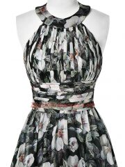 Designer Multi-color Printed Zipper Halter Top Sleeveless Floor Length Dress for Prom Ruching