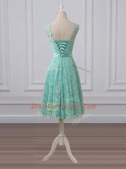 Fashionable Knee Length Empire Sleeveless Apple Green Dama Dress for Quinceanera Lace Up