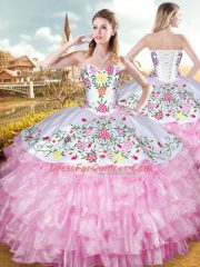 Rose Pink Sweetheart Lace Up Embroidery and Ruffled Layers Vestidos de Quinceanera Sleeveless