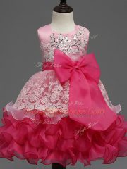 Hot Pink Ball Gowns Lace and Ruffled Layers and Bowknot Flower Girl Dresses for Less Zipper Organza Sleeveless Tea Length