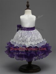 Hot Pink Ball Gowns Lace and Ruffled Layers and Bowknot Flower Girl Dresses for Less Zipper Organza Sleeveless Tea Length